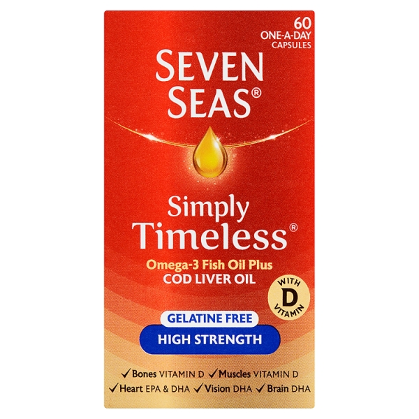 Seven Seas Simply Timeless Omega-3 Oil with Cod Liver Oil, High Strength Gelatine Free 60 Capsules