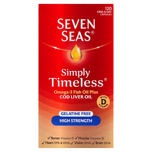 Seven Seas Simply Timeless Omega-3 Fish Oil Plus Cod Liver Oil High Strength 120 Capsules